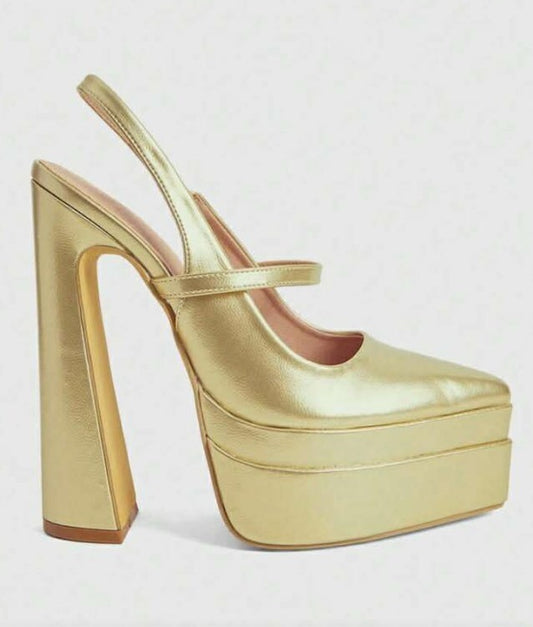 Escarpins Plateforme Slingback Dorés – Mary Jane à Talon Haut Épais MISS GINA OR