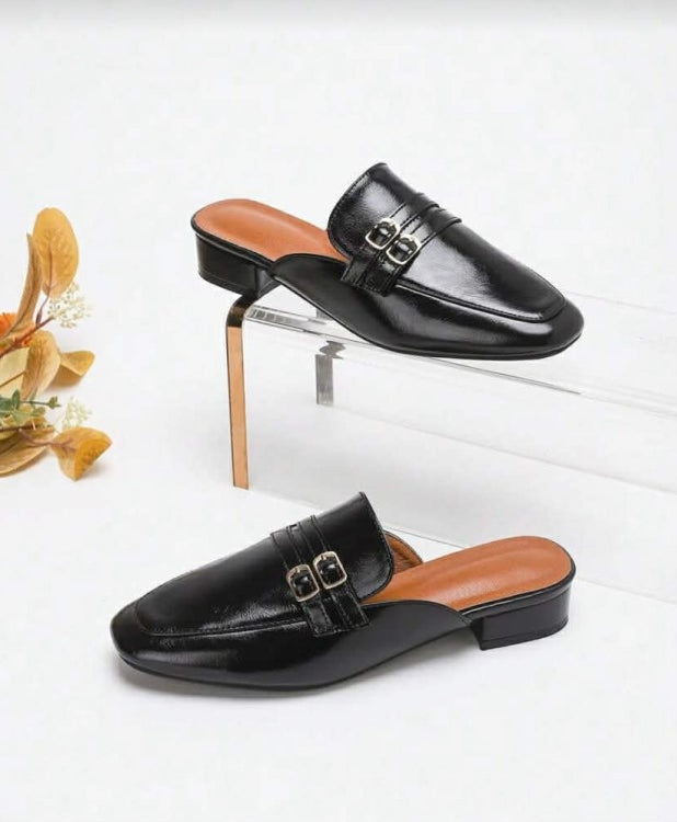 Mules Type Mocassins Noirs à Double Boucle – Élégance et Confort au Quotidien