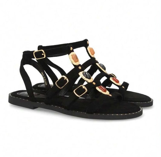 Sandales Gladiateurs à Pierres Précieuses - Élégance Bohème Noir