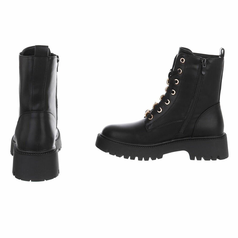 BOTTINES À LACETS NOIRES ASPECT CUIR – BIJOUX DORÉS & STRASS SUR LACETS MISS DEYON