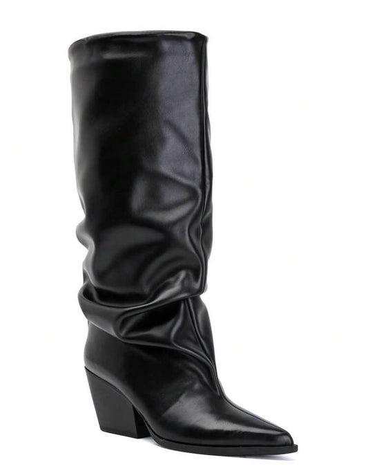 BOTTES HAUTES NOIRES EFFET FROISSÉ BOUT POINTU TALON BISEAUTÉ – MISS GRACE