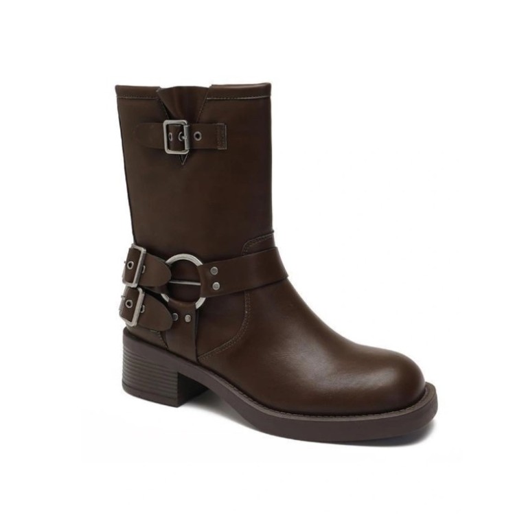 BOTTINES A BOUCLE STYLE MOTARDE AVEC ANNEAUX BIKER MISS DRIVER MARRON CHOCO