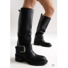 Bottes Hautes en Cuir Noir à Boucle Argentée