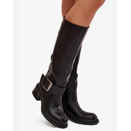 Bottes Hautes en Cuir Noir à Boucle Argentée