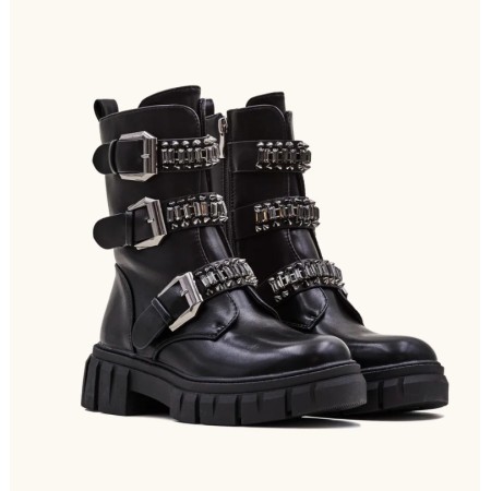 Bottines Rangers Noires à Multiples Boucles Bijoux et Semelle Crantée – Style Rock & Chic