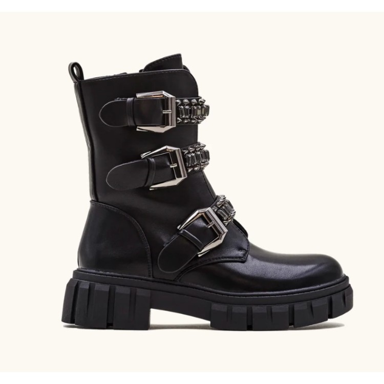 Bottines Rangers Noires à Multiples Boucles Bijoux et Semelle Crantée – Style Rock & Chic