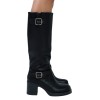 Bottes Hautes Style Biker en Cuir Noir Boucles Argentées et Talon Carré "Raven"