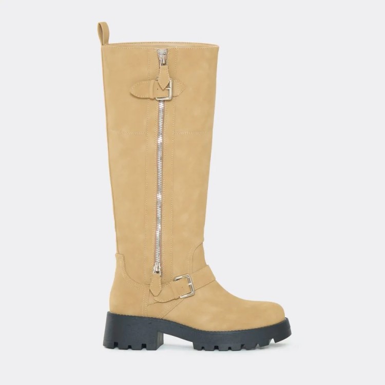 CHAUSSURES FEMME BOTTES HAUTES BEIGE ZIP BUCKLE BOOTS AMARI