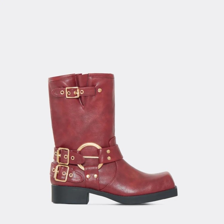 CHAUSSURES FEMME BOTTES BOTTINES BOUCLES ROUGE BIKER ROJA