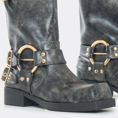 CHAUSSURES FEMME BOTTES BOTTINES BOUCLES BIKER RONA NOIR