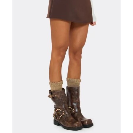 CHAUSSURES FEMME BOTTES BOTTINES BOUCLES BIKER RONA MARRON