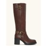 Bottes Hautes Style Biker en Cuir Noir Boucles et Talon Carré "Raven" Marron choco