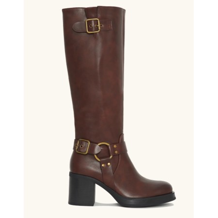 Bottes Hautes Style Biker en Cuir Noir Boucles et Talon Carré "Raven" Marron choco