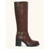 Bottes Hautes Style Biker en Cuir Noir Boucles et Talon Carré "Raven" Marron choco