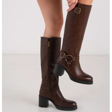 Bottes Hautes Style Biker en Cuir Noir Boucles et Talon Carré "Raven" Marron choco