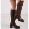 Bottes Hautes Style Biker en Cuir Noir Boucles et Talon Carré "Raven" Marron choco