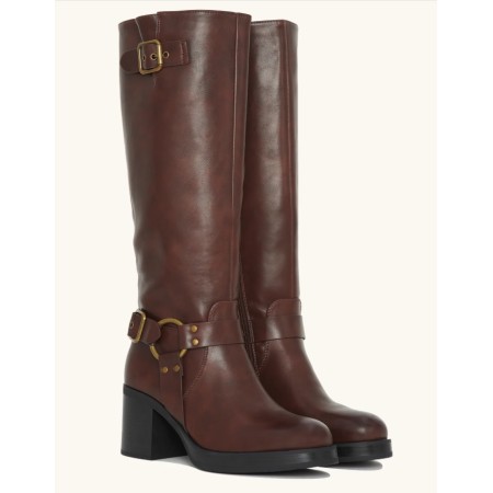 Bottes Hautes Style Biker en Cuir Noir Boucles et Talon Carré "Raven" Marron choco