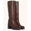 Bottes Hautes Style Biker en Cuir Noir Boucles et Talon Carré "Raven" Marron choco