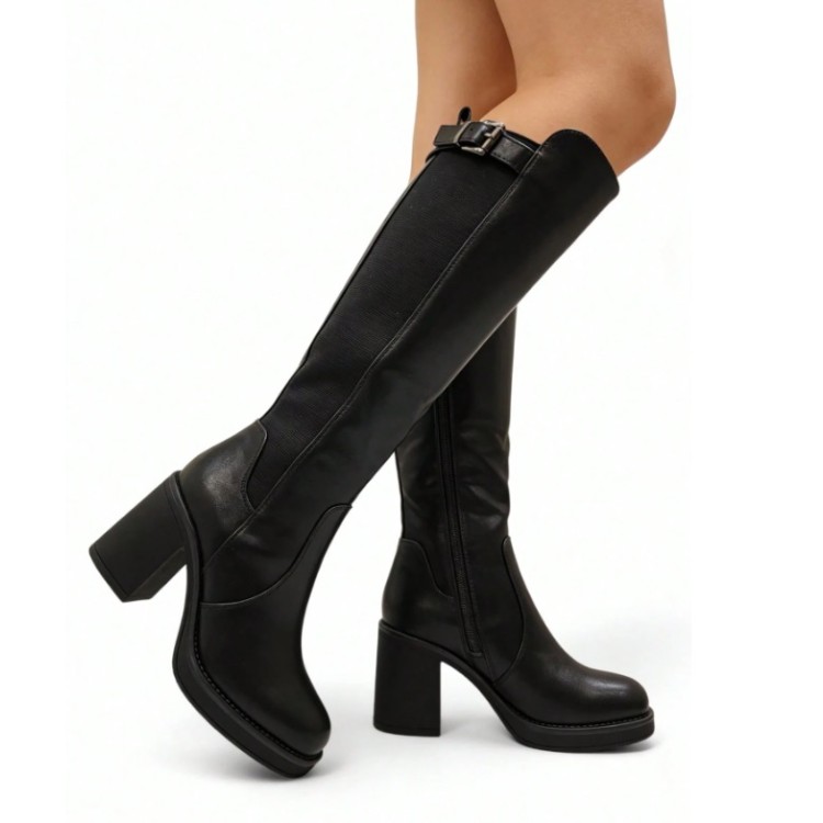 BOTTES HAUTES À TALON CARRÉ ELASTIQUE MOLLET FORT MISS SHARAZE NOIR