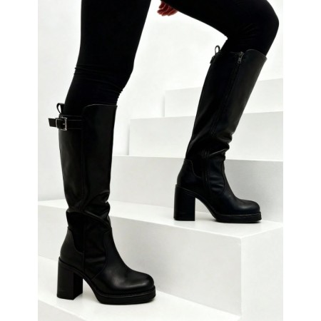BOTTES HAUTES À TALON CARRÉ ELASTIQUE MOLLET FORT MISS SHARAZE NOIR