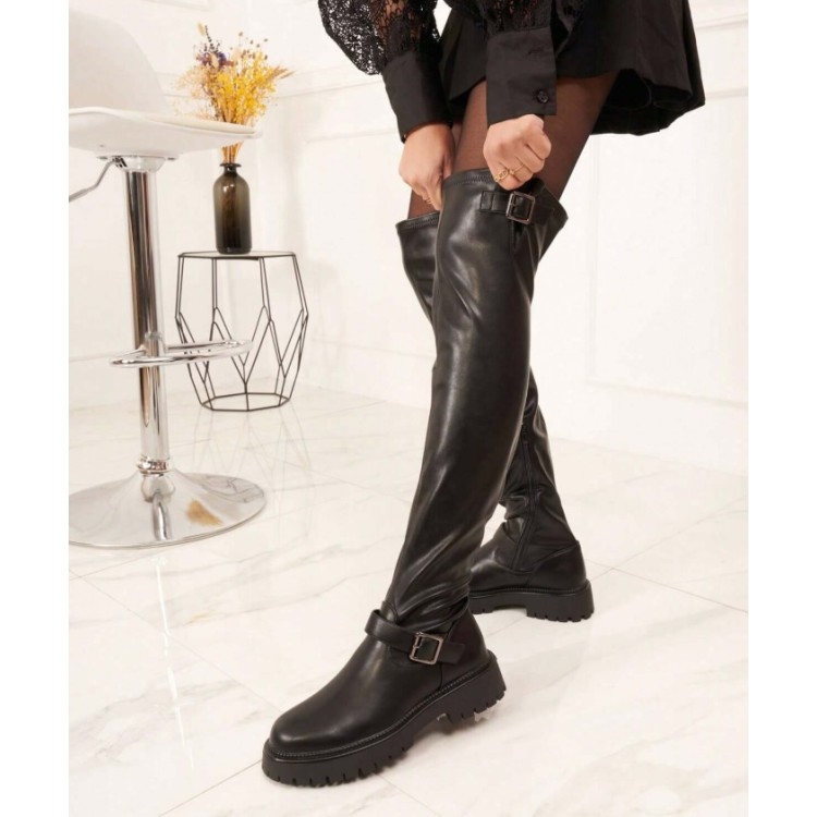 CHAUSSURES FEMME BOTTES CUISSARDES BOUCLE SIMILI CUIR MISS NESSY NOIR