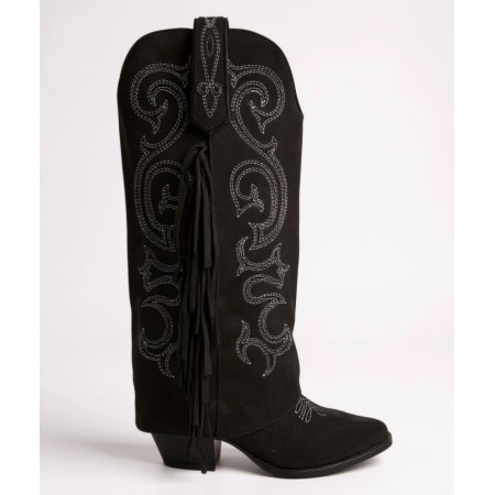 CHAUSSURES FEMME BOTTES HAUTES SUEDINE FRANGES BRODERIE MISS MAGGY NOIR