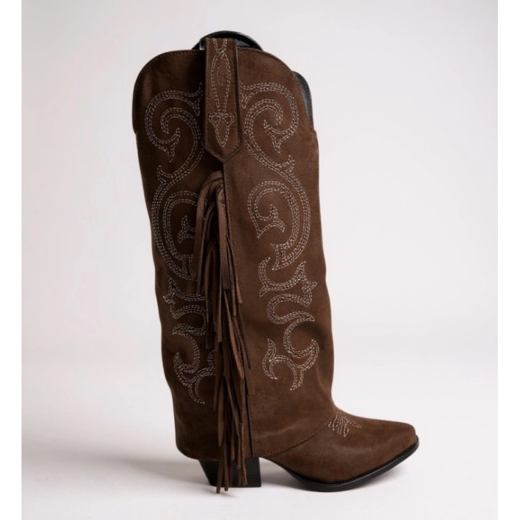 CHAUSSURES FEMME BOTTES HAUTES SUEDINE FRANGES BRODERIE MISS MAGGY CHOCO