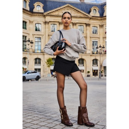 CHAUSSURES FEMME BOTTES BOTTINES A REVERS BOUCLES TALON CARRE ZIP MISS MEGAN MARRON FONCE