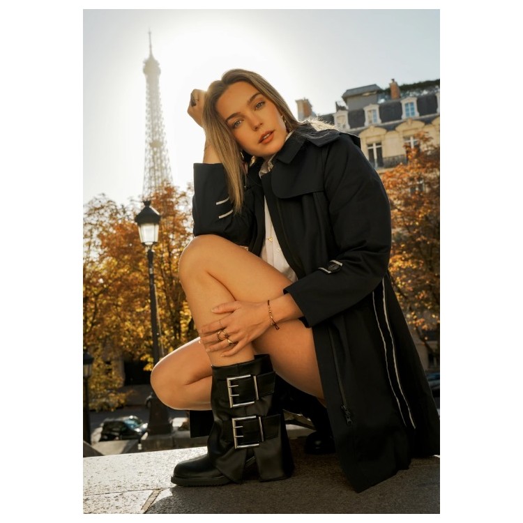 CHAUSSURES FEMME BOTTES BOTTINES A REVERS BOUCLES TALON CARRE ZIP MISS MEGAN NOIR