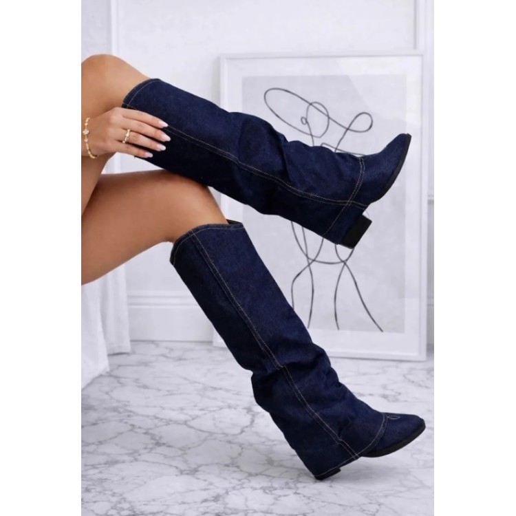 CHAUSSURES FEMME BOTTES HAUTES TALON LARGE BOUT POINTUE MISS AMANDA DARK DENIM