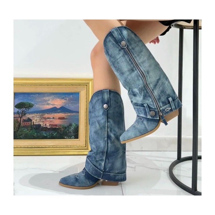 CHAUSSURES FEMME BOTTES HAUTES TALON LARGE BOUT POINTUE FERMETURE ECLAIRE MISS TEXANE DENIM