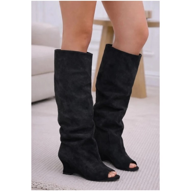CHAUSSURES FEMME BOTTES HAUTES COMPENSEE BOUT OUVERT MISS LORNA NOIR