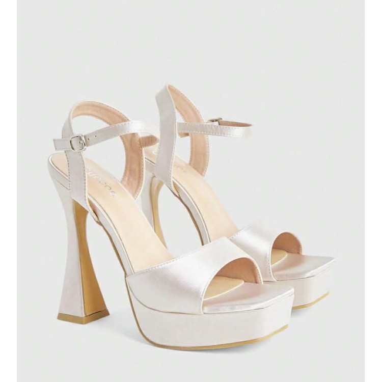 Sandales à talons, Plateforme, Talon évasé, Chaussures de soirée, Sandales satinées, Bout carré.