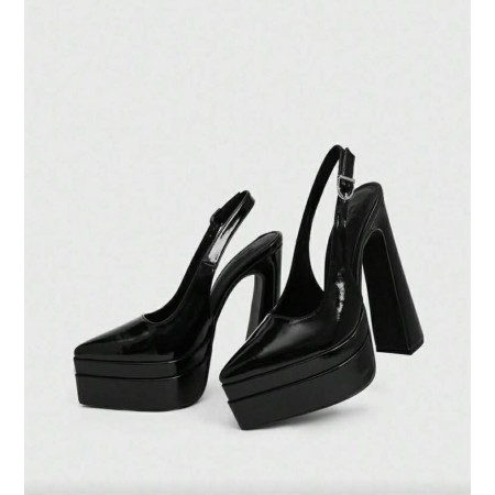 Chaussures à plateforme, slingback noir, talon bloc, escarpins vernis, mode goth chic, talons hauts confortables.