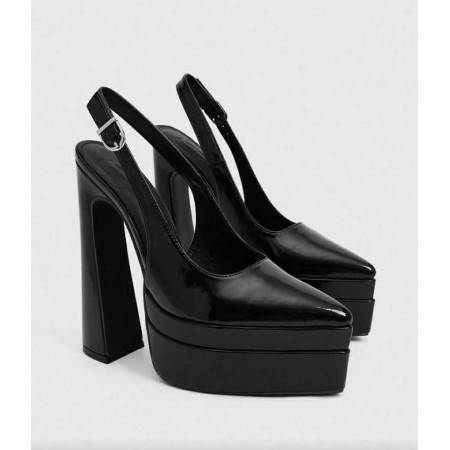 Chaussures à plateforme, slingback noir, talon bloc, escarpins vernis, mode goth chic, talons hauts confortables.