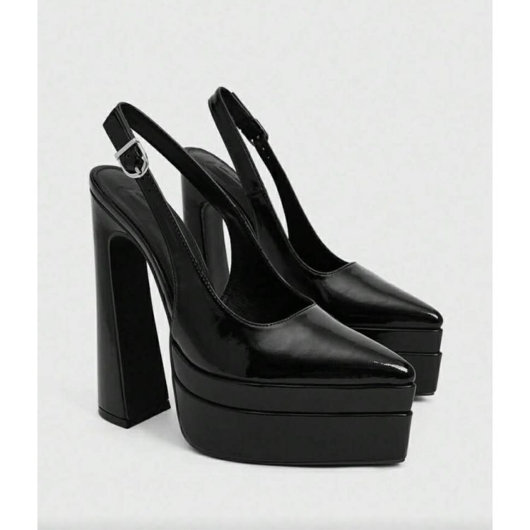 Chaussures à plateforme, slingback noir, talon bloc, escarpins vernis, mode goth chic, talons hauts confortables.