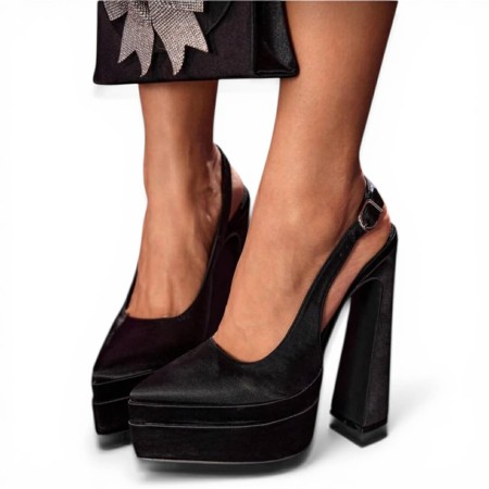 Escarpins Plateforme en Satin Noir - Talon Bloc Haut et Bride Arrière MISS ADALINE SATIN NOIR
