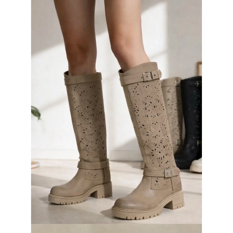 Bottes Hautes à Découpes Laser MISS LEYA BEIGE