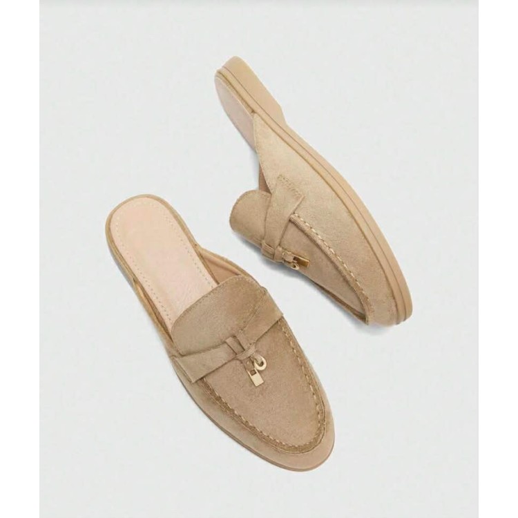 Mules Mocassins Femme Daim Taupe - Bijoux Dorés