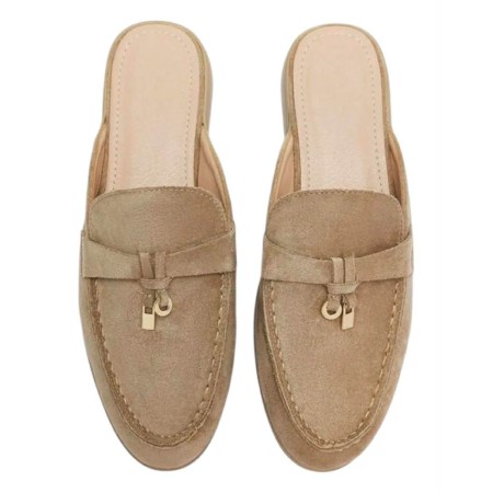 Mules Mocassins Femme Daim Taupe - Bijoux Dorés