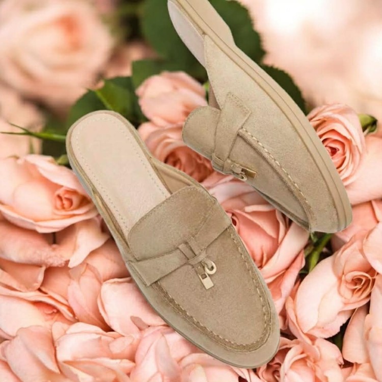 Mules Mocassins Femme Daim Taupe - Bijoux Dorés