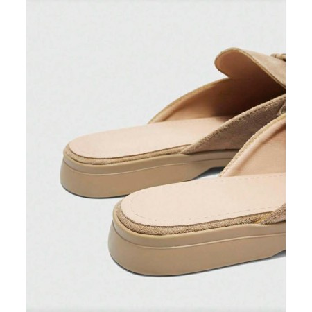 Mules Mocassins Femme Daim Taupe - Bijoux Dorés