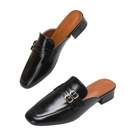 Mules noires, mocassins ouverts, chaussures femme synthétique, mules à boucles, chaussures de ville confortables.