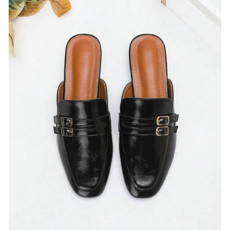 Mules noires, mocassins ouverts, chaussures femme synthétique, mules à boucles, chaussures de ville confortables.