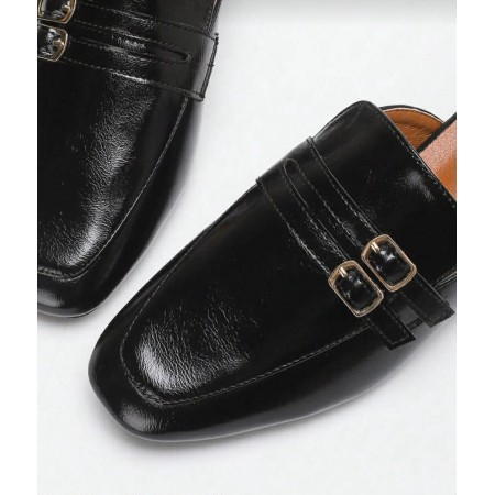 Mules noires, mocassins ouverts, chaussures femme synthétique, mules à boucles, chaussures de ville confortables.