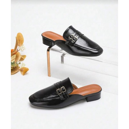Mules noires, mocassins ouverts, chaussures femme synthétique, mules à boucles, chaussures de ville confortables.
