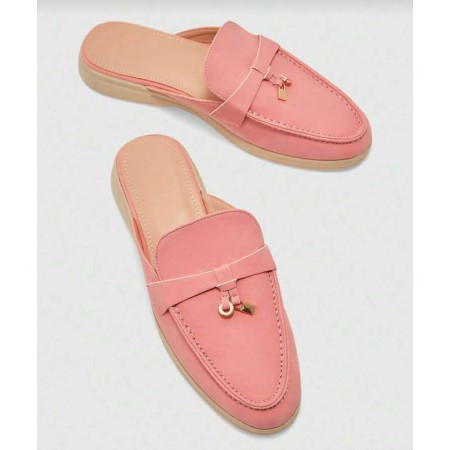 Mules Loafers Rose Corail à Détails Bijoux