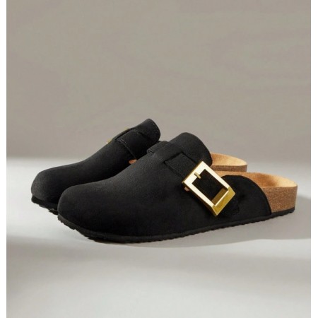 Chaussures femme sabot boucle miss clogs noir et or