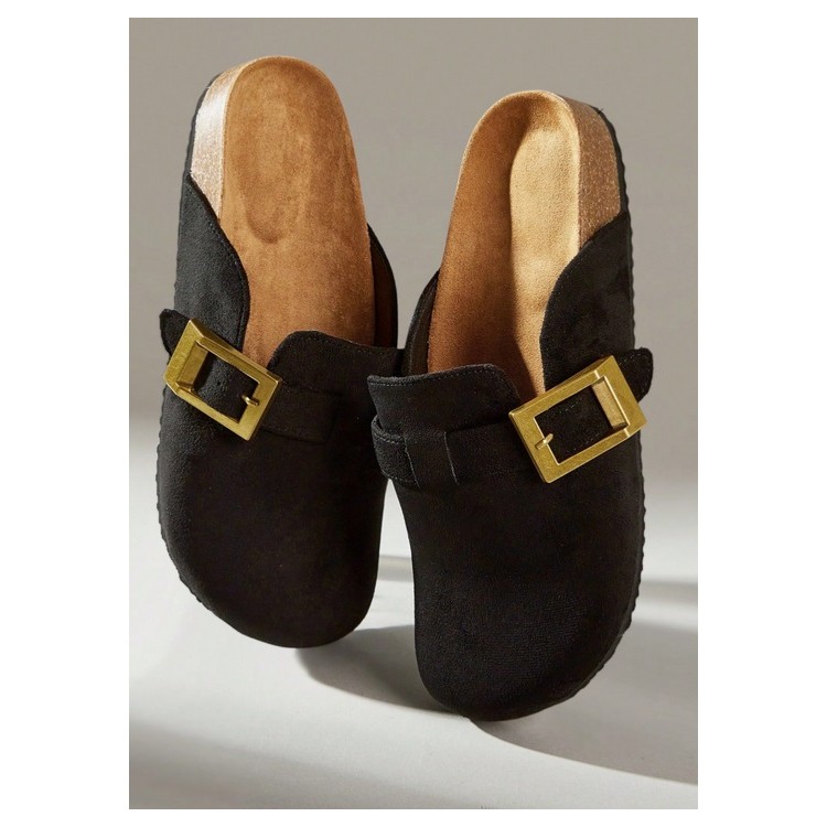 Chaussures femme sabot boucle miss clogs noir et or