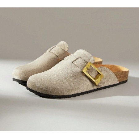 Chaussures femme sabot boucle miss clogs beige et or